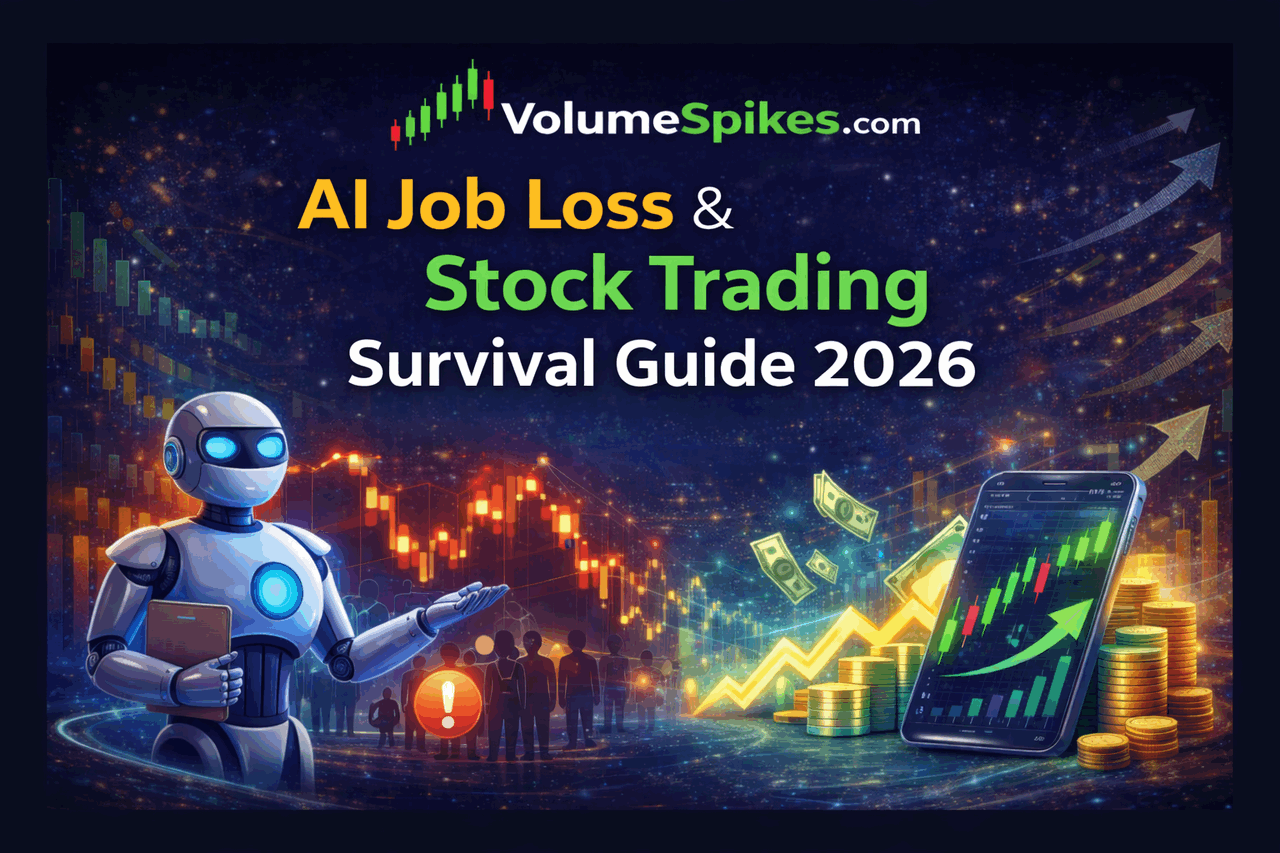 AI job loss and stock trading survival guide 2026 — robot automation replacing jobs while trader profits from market charts